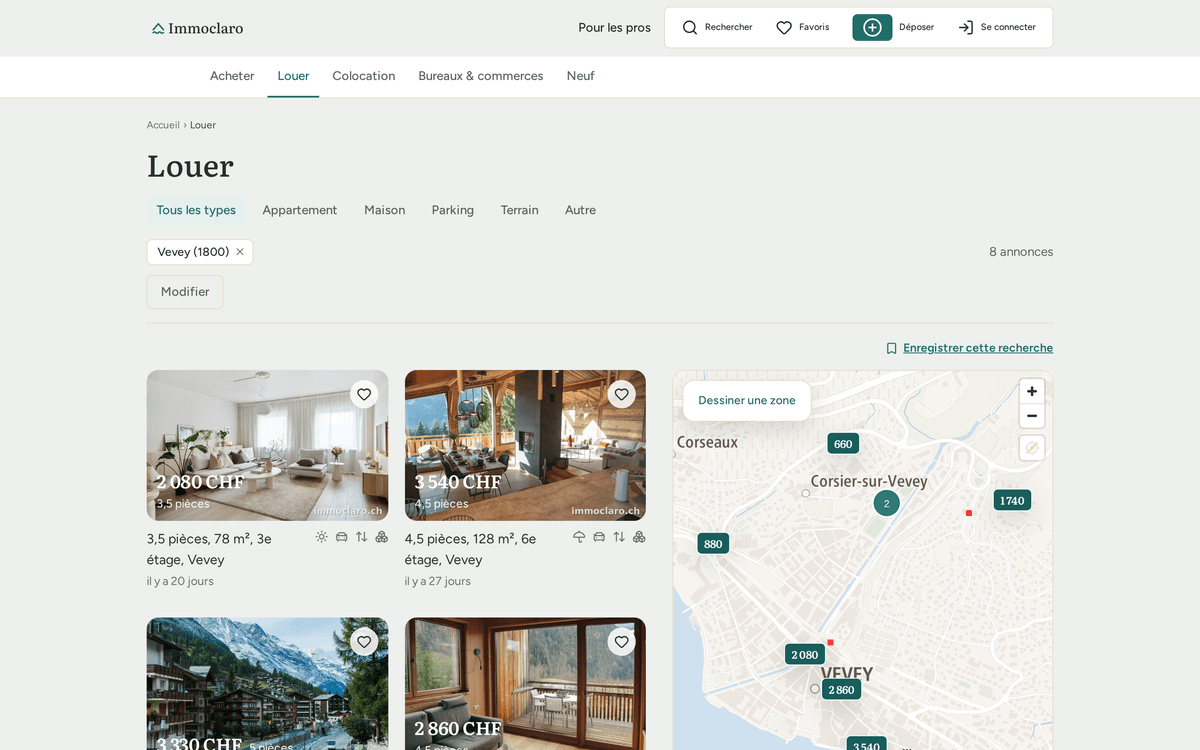 Résultats de recherche à Vevey : les logements à louer avec leur photographie, leur loyer mensuel en francs, le nombre de pièces et la surface.